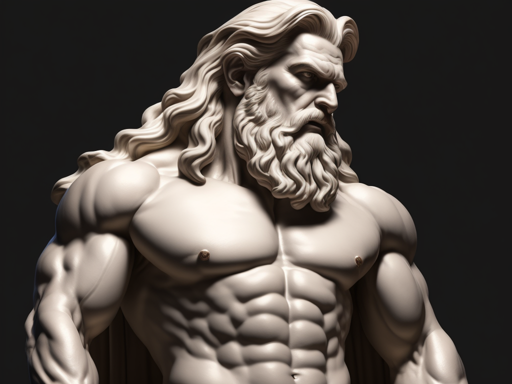 A realistic portrait white greek marble statue of a zeus, black background, moody, angry, photorealistic, movie scene, super detailed, hyperrealistic, full body, rage face