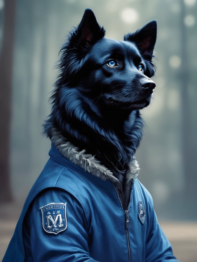 anthromorphic furry black dog, black hair, blue streaks, blue clothes, digital art