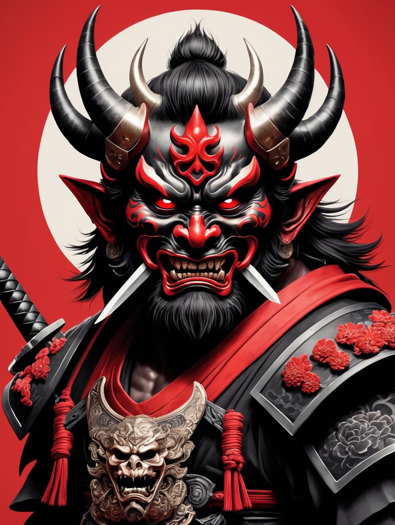 Illustration of a demon with two swords and a skull, demon samurai mask, oni mask, villain wearing a red oni mask, samurai mask, samurai with demon mask, demon samurai, demon samurai warrior, oni horns, inspired by ryūkōsai jokei, japanese art style, inspired by kawanabe kyōsai, mysterious, red and black