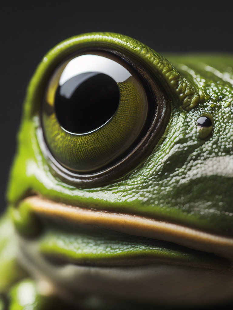 A close-up of a green frog's eye. macro