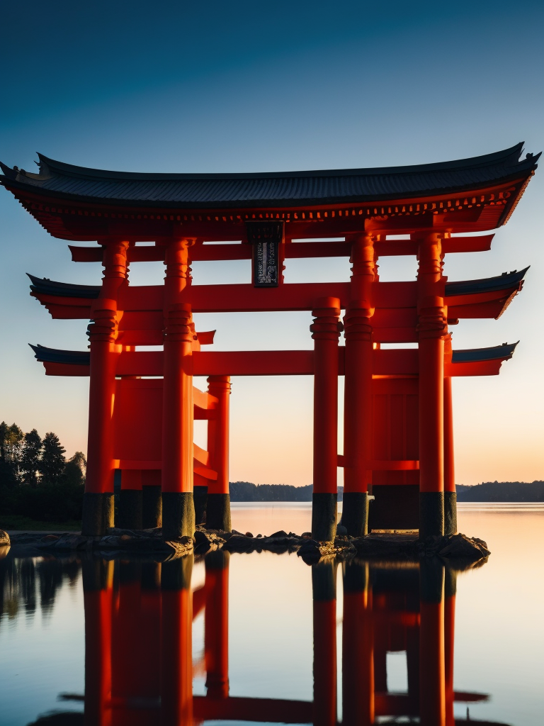 Red torii gate in middle of a lake, Dense forest on the edge of the lake, Bright and saturated colors, Japanese culture, photorealistic, contrast light