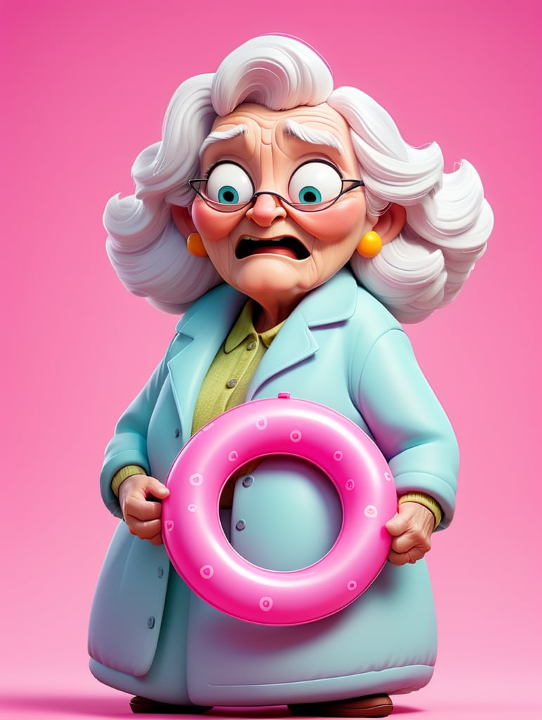 Pretty old women wearing a pink with a pink inflatable ring, isolated on a pink background