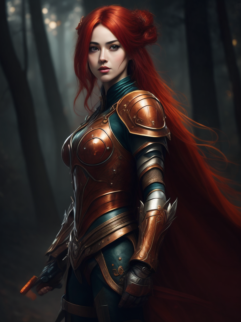 A young beautiful girl in red armor and red hair against the backdrop of a forest in red-burgundy tones, blurred background, focus on the girl, detailed armor, Dramatic Lighting, Depth of field, Incredibly high detailed