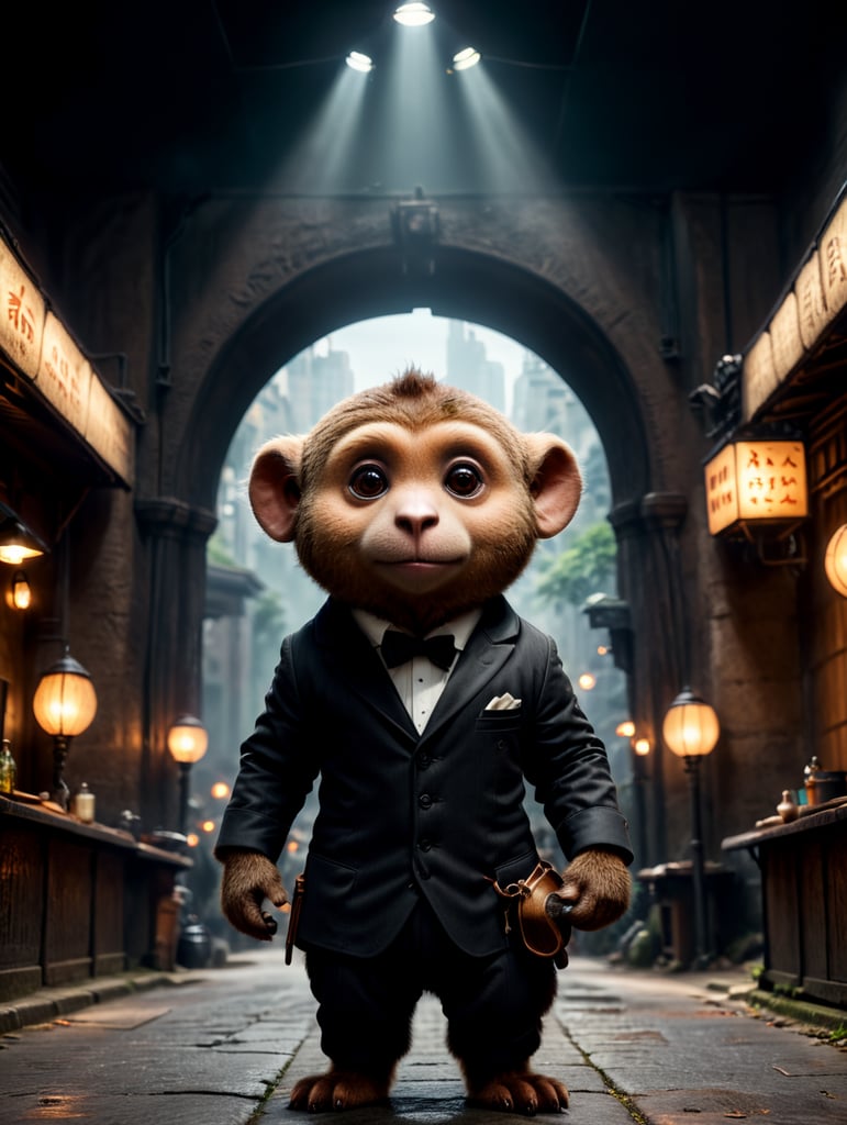 создай картинку с главным героем фильма "Чебурашка", у него большие круглые уши и тело обезьяны, он танцует в караоке-баре во фраке и брюках