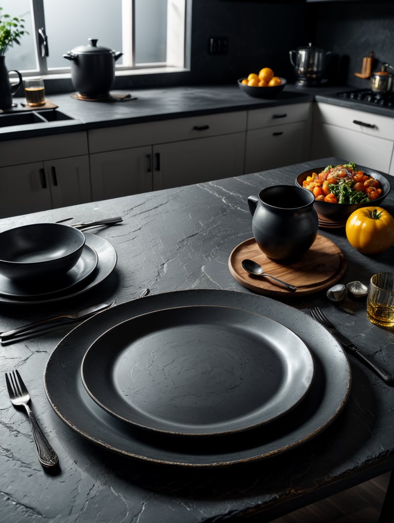 modern kitchen table, empty plate, mockup