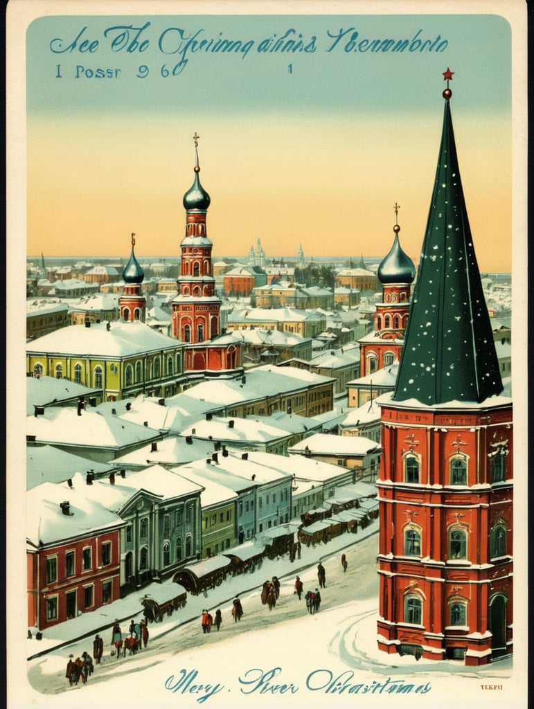 Russia, Tver city, vintage Christmas postcard illustration