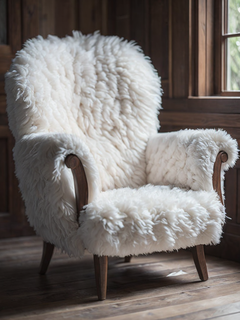 a white soft sheep chair, wood carved head and legs of the sheep, body is white wool