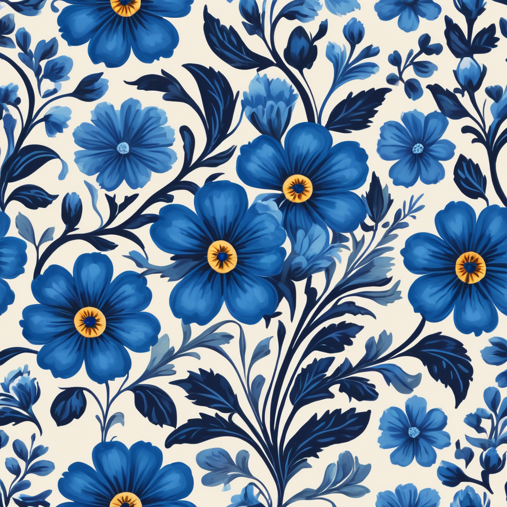 Seamless pattern beautiful floral pattern with blue flowers in the background, in the style of polish folklore motifs, juliana nan, mexican folklore - inspired, tivadar csontváry kosztka, clara peeters, texture exploration, blue color scheme, blue pallete, amoled, 264k render HD