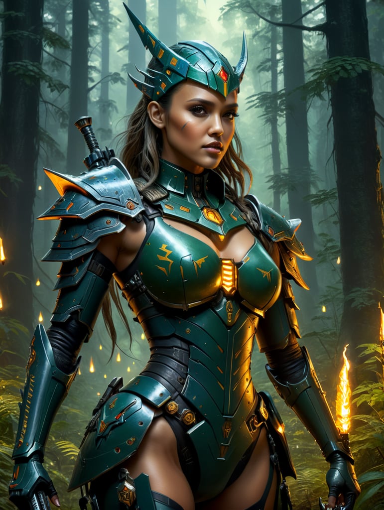 jessica alba as an eldar aspect warrior from warhammer 40k walking though a forest in the evening fireflies in the trees cyberpunk style