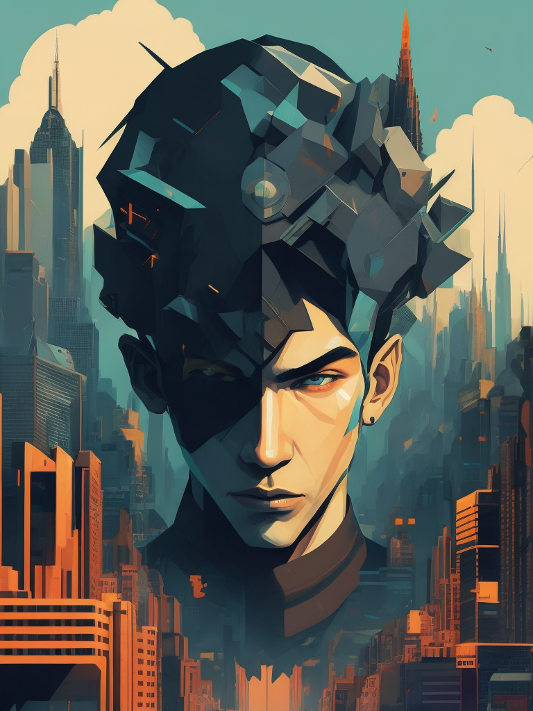 Abstract 1998 album art cover broken dystopian city by sachin teng x supreme, stylish, designer, blue tint shading, asymmetrical, geometric shapes, graffiti, street art, cel shading anime style