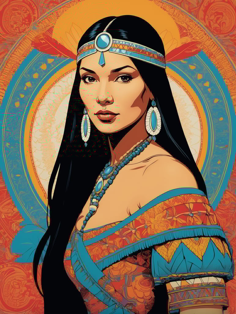 Pocahontas, Illustration, Screen Print, Portrait, USA, style of Chuck Sperry