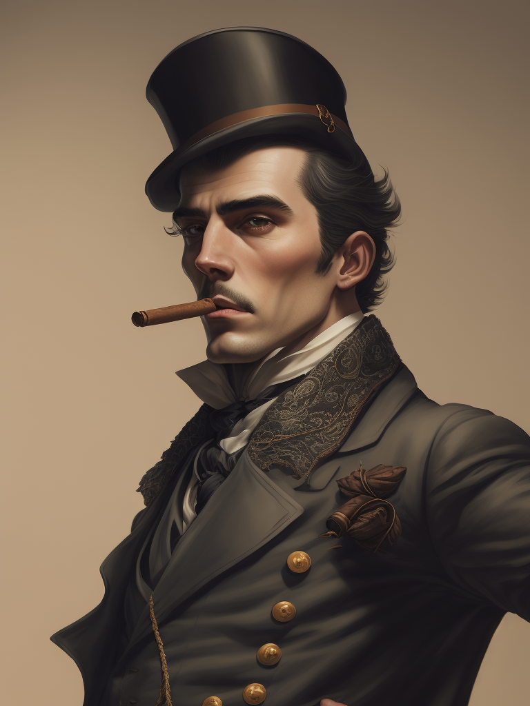 Vintage portrait of a man in a top hat and a buttoned frock coat and with a cigar in his mouth, Aggressive look, sharp focus, highly detailed