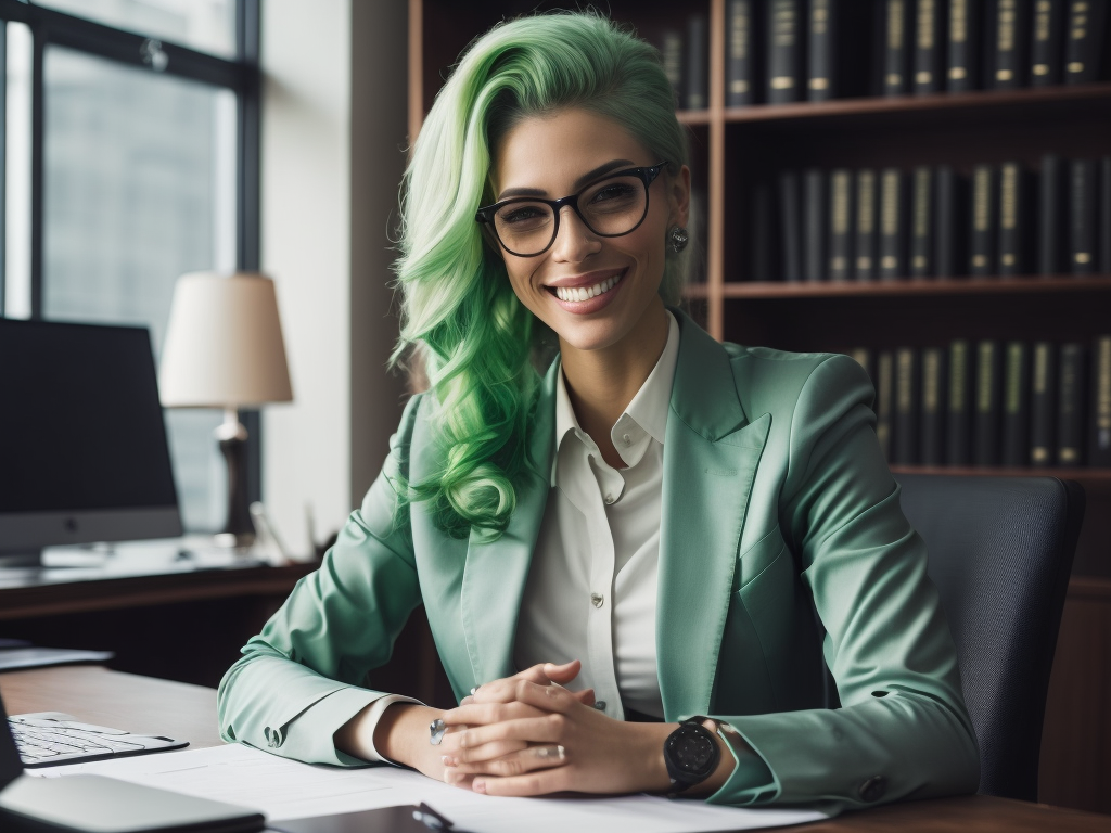 Business woman in office, smile, she has green pastel dyed hair, elegant, strong, fashion