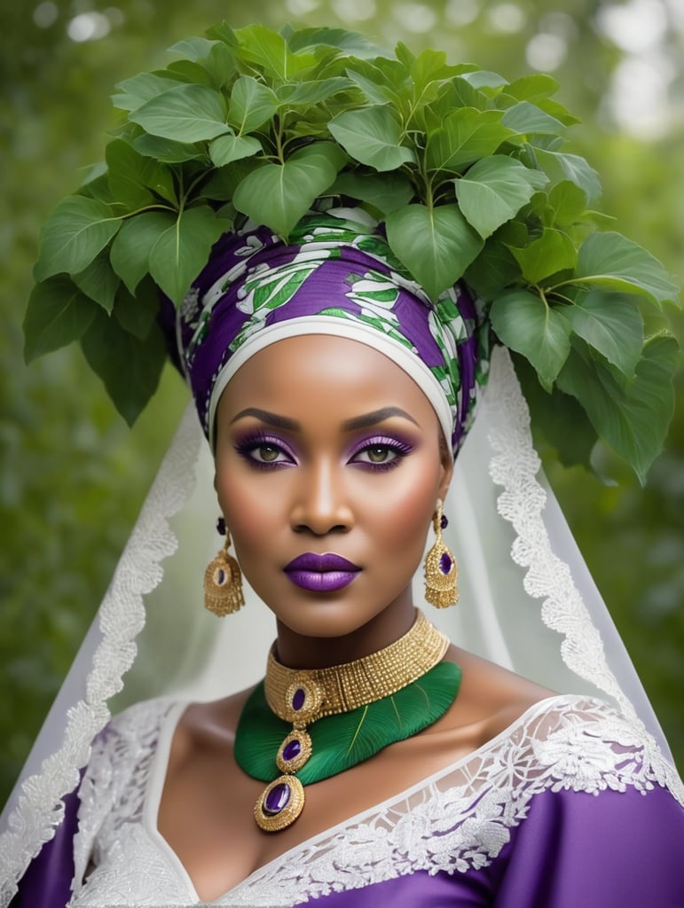 The Northern Star, Arewa. A northern woman from Nigeria with head gear popularly called Zarah Buhari, with a purple African print Bou bou mixed with green leaves. Very elegantly adorned with a veil on her neck, looking demure with kohl in her eyes