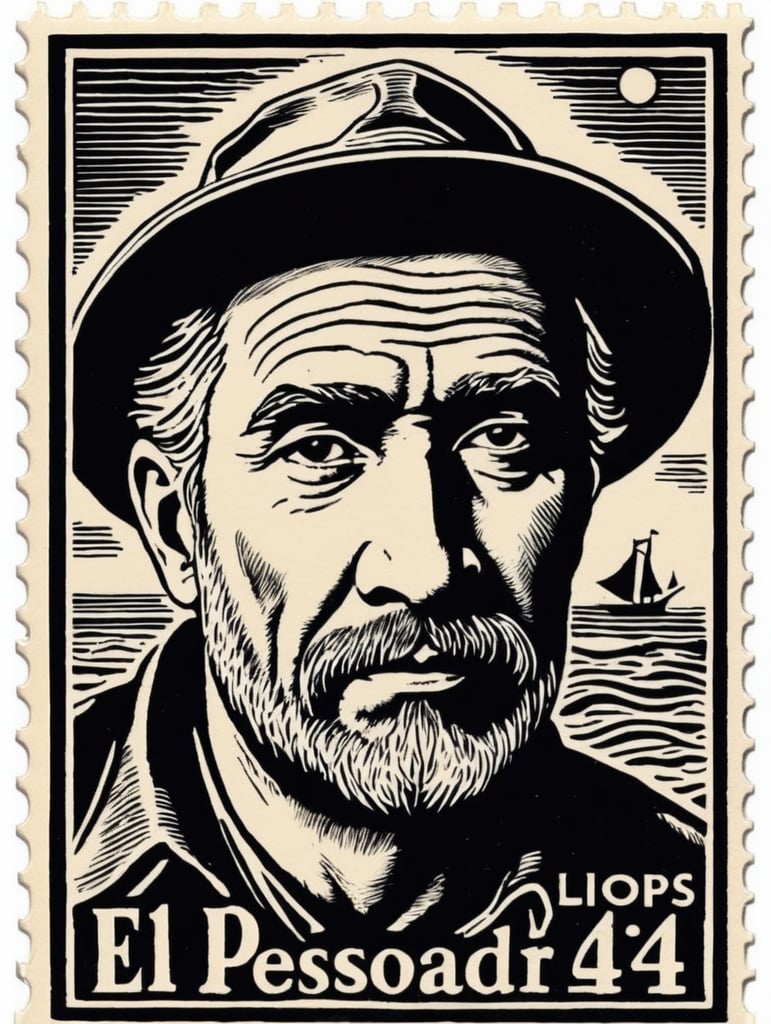 black and white linocut postage stamp "El Pescador" "43¢" thick lines bold dark lines vintage artwork