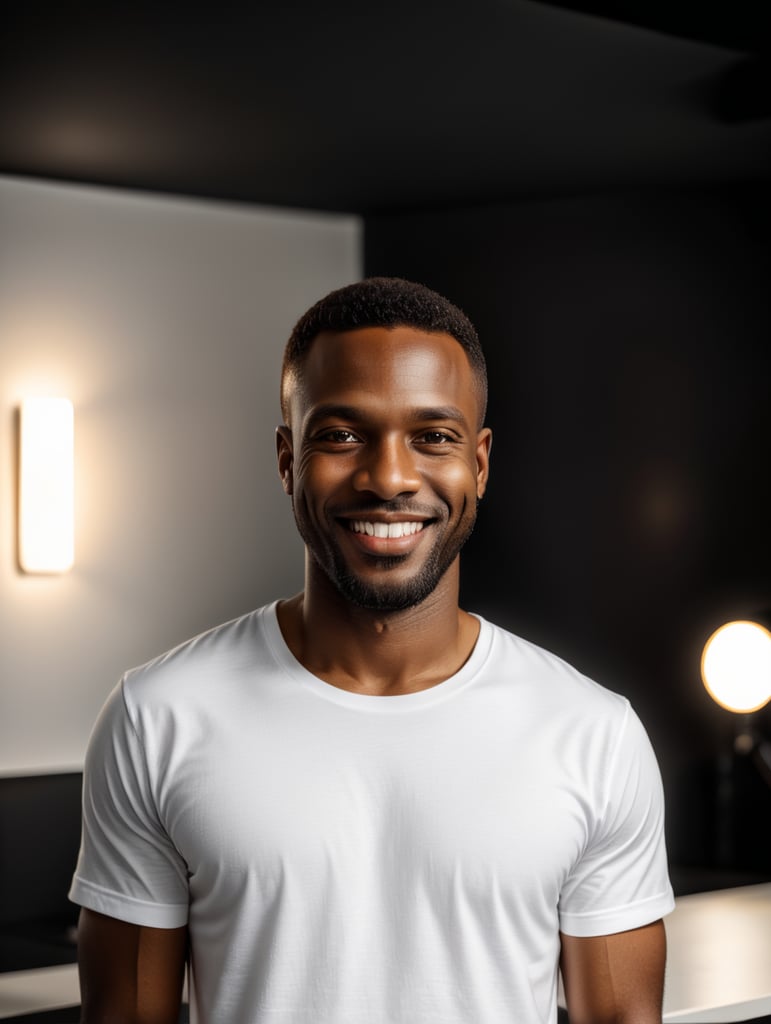 a black African man wearing white t-shirts, standing in front of black background, blank shirt no print, smiling, photo for apparel mock-up