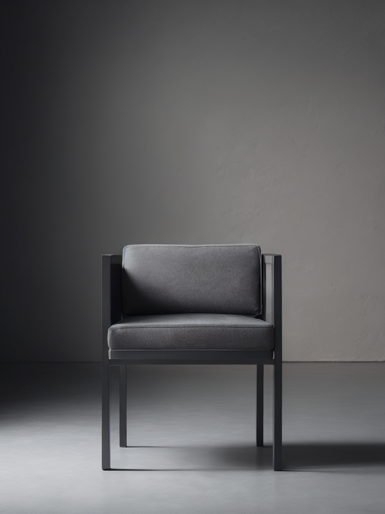 a chair made from concrete, modern design, flat shape, cube, grey background, modern art, everythink dark grey