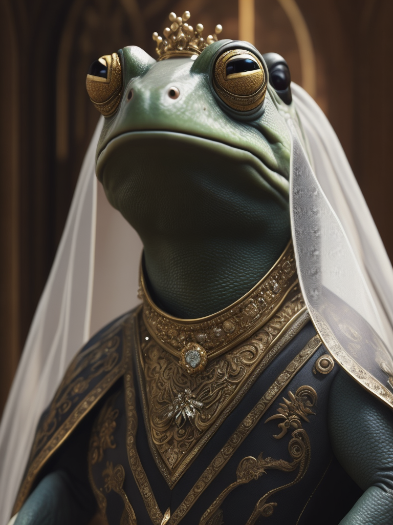 A frog that looks like Cher standing at the altar in a wedding dress with a veil