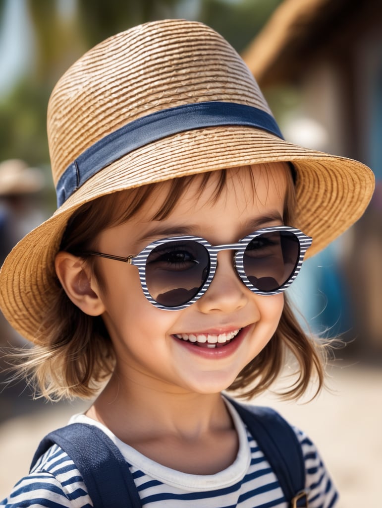 photo happy little girl going to travel, cute girl, Striped T-shirt, straw hat, sunglasses, harpers bizarre, cover, headshot, hyper realistic
