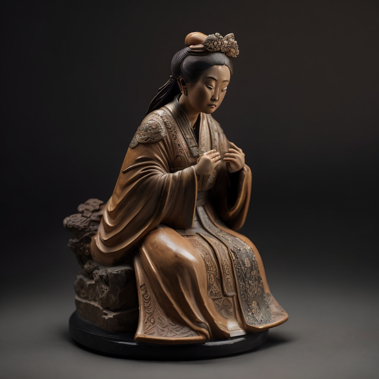 ancient small clay and glazed Chinese sculpture of a woman, deep atmosphere, realistic