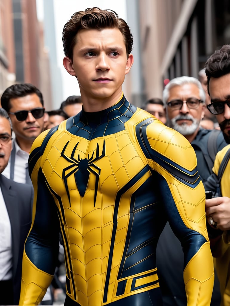Tom Holland in yellow spiderman outfit