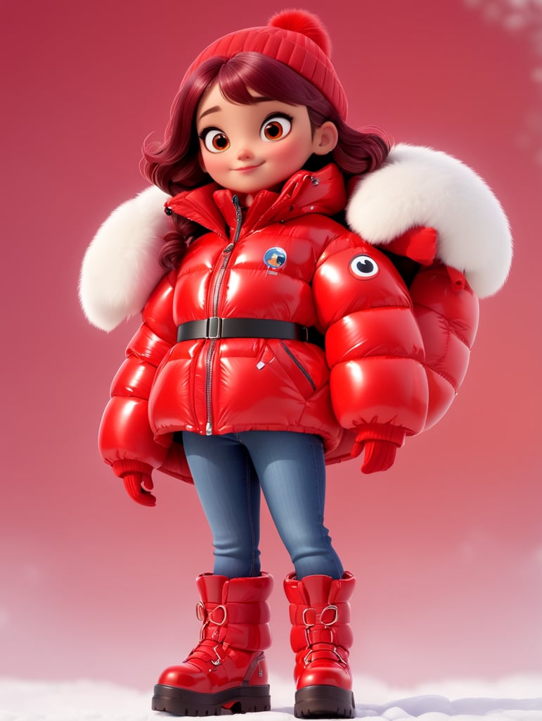 full body girl in a red glossy puffer jacket with bulky belt and massive zipper tab around waist and red glossy down puffer boots