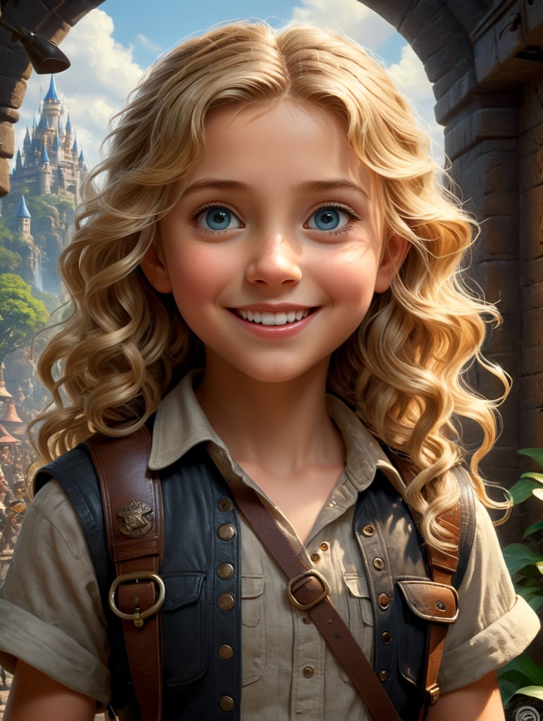 a young girls adventurer similar to Indiana Jones, creative, and kind-hearted person with long, curly blonde hair, big eyes, small nose, and a smiling mouth, standing centered in 3D style, rendered using beautiful Disney animation, Pixar style, Disney style, 3D style