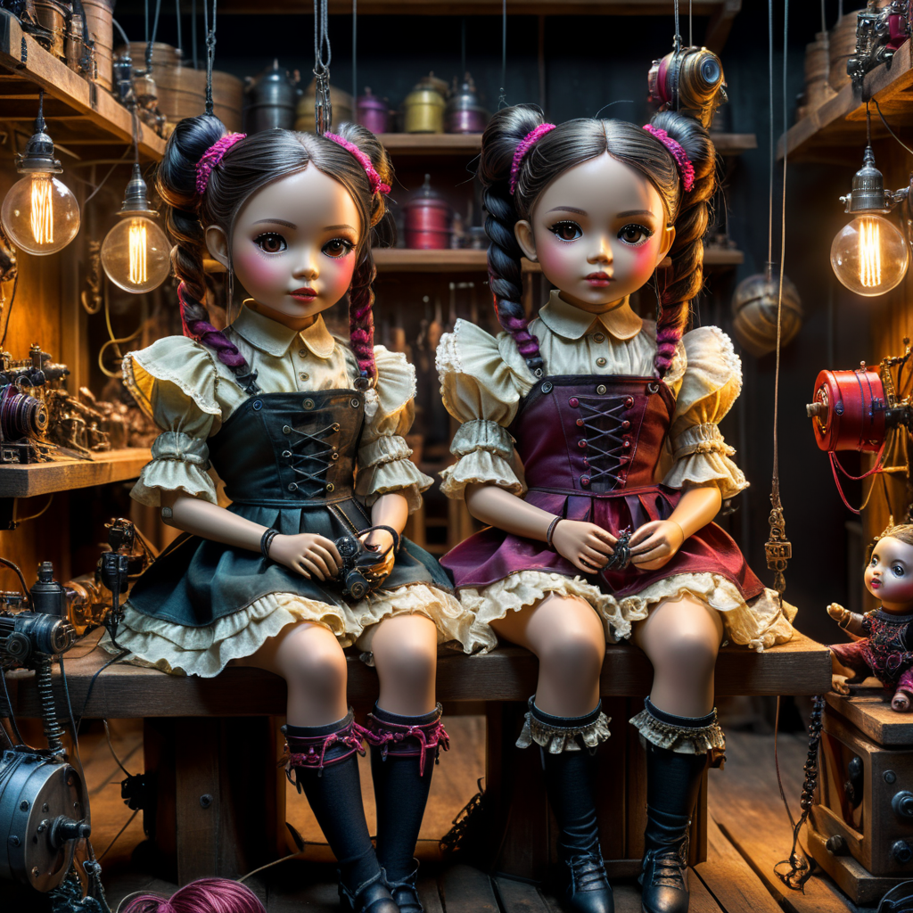 Two 3D puppet dolls, with strings attached to arms and hands, dressed in frilly clothes, pigtails, sitting in a toy makers workshop, vibrant by artist "Henry fuseli", "Mia Makila", "Sylvia Ji, dystopian surrealism