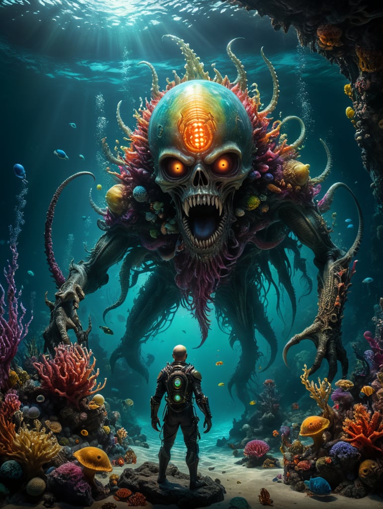 A Horror macabre creature standing under a deep ocean holding the hand of a little bright fantastical alien creature ((expressionism, Bright Colours, Professional Photography, contemporary)) : Ultra-realistic, ultra-photographic, HDRI, sharp Focus,