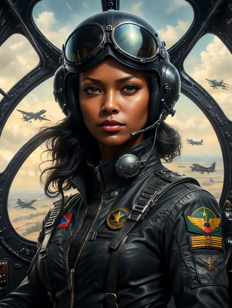 Black aviatrix in black pilot uniform