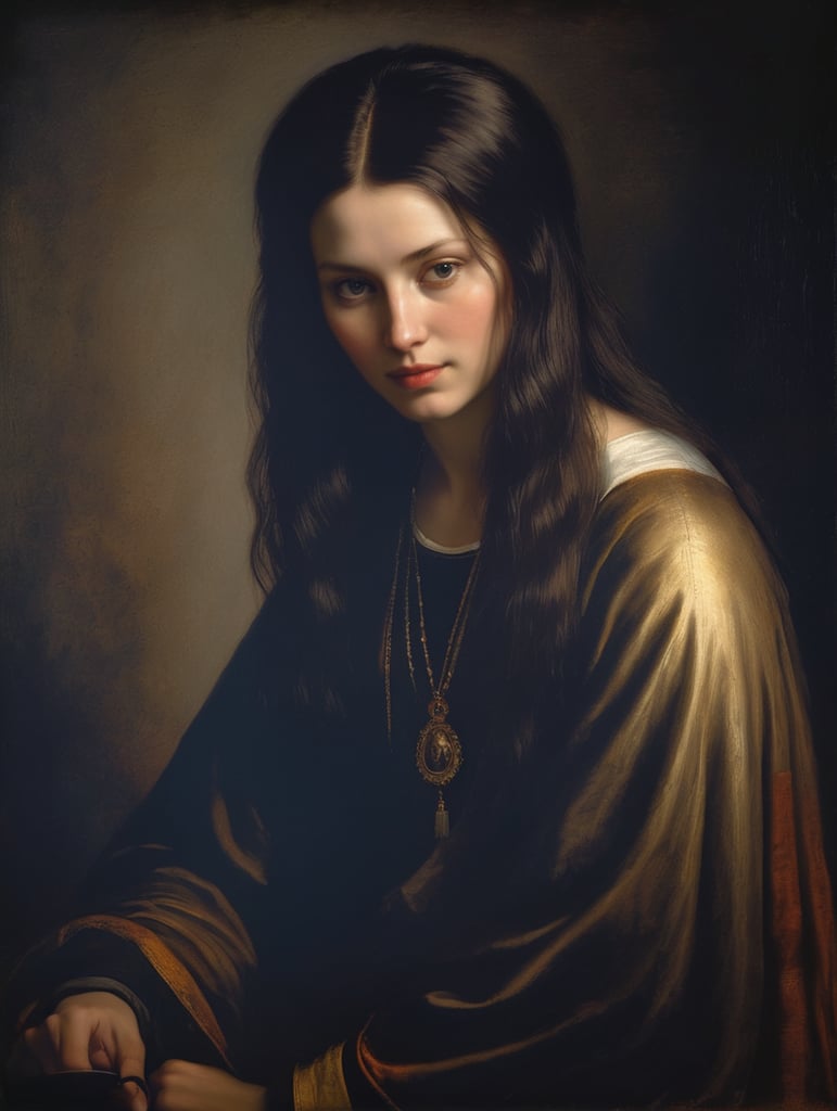 A masterpiece portrait by Rembrandt Van Rijn of a beautiful saint woman, straight hair