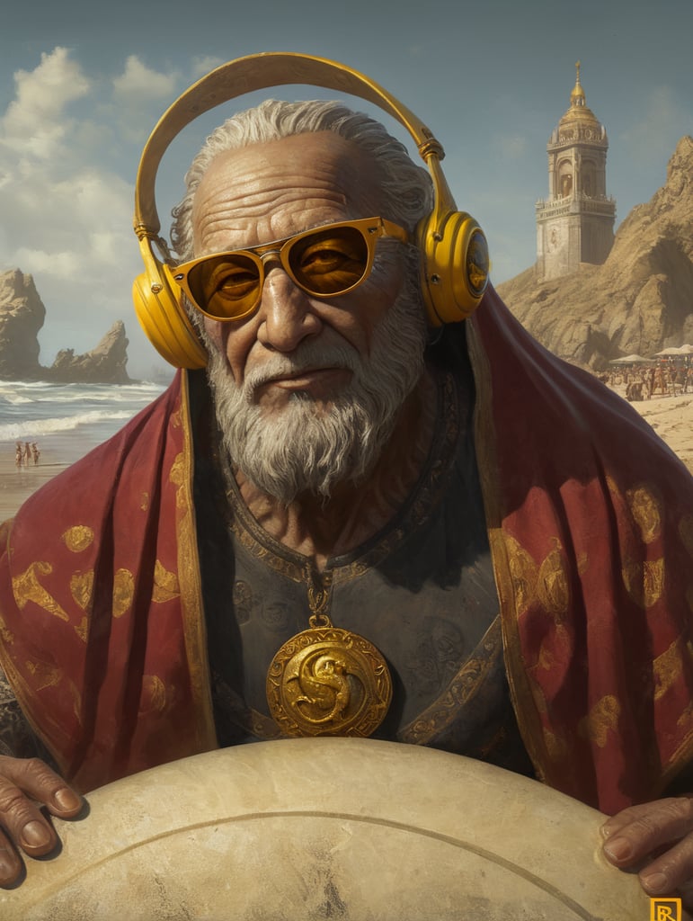 old god with a surfer face, yellow sunglasses, sunscreen on cheek, renaissance art, Rock And Roll Hand Sign, yellow details