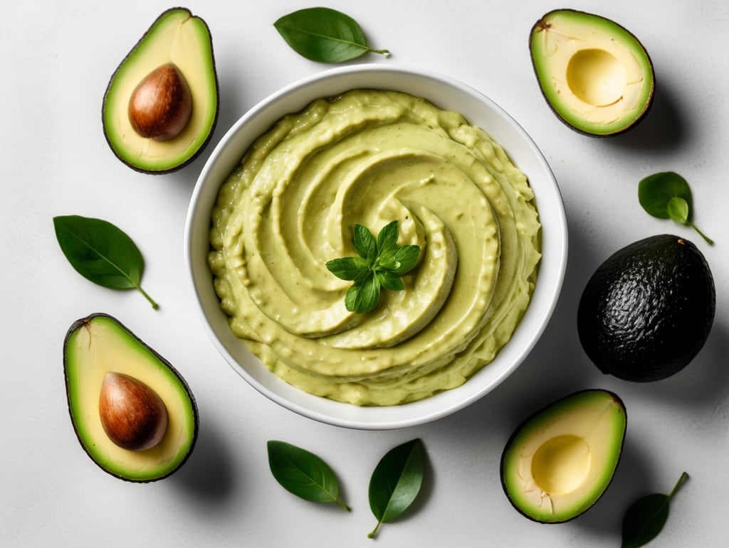 photo of a creamy avocado spread dipped on white background, top view