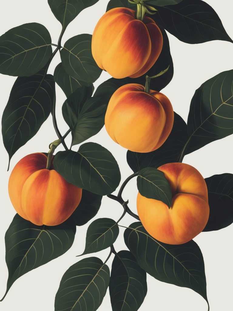 Peaches With Leaves, Flat, Tamara Lempicka, White Background, Art Deco, Photoillustration