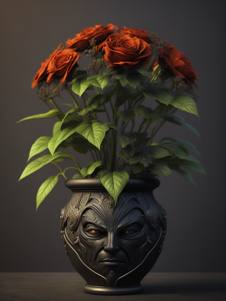 super hero flower pot, deep carved black clay, dark atbosphere