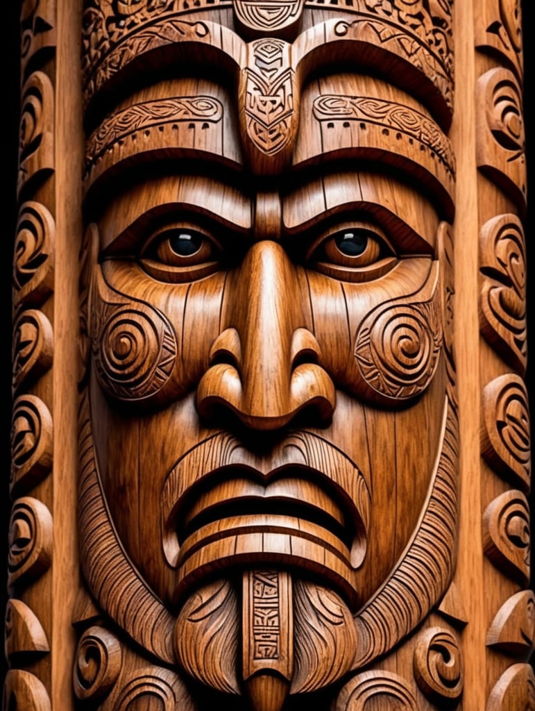 viking's wooden totem pole, viking faces carved, animals carved, traditional ornament around