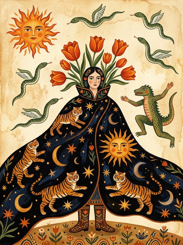 A surreal folk art illustration of a woman in a massive black cloak filled with painted tigers, stars, and a sun face. Lush orange tulips sprout from her collar against a textured parchment background containing flying green snakes, a fiery celestial face, and a leaping reptilian-human hybrid. Rendered in gouache with flat perspective and earthy warm tones.