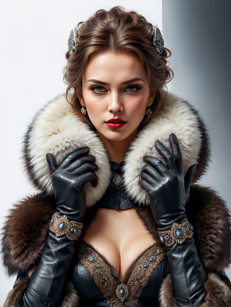 woman wearing fur gloves clip artwork, hand drawing style, white background, high quality