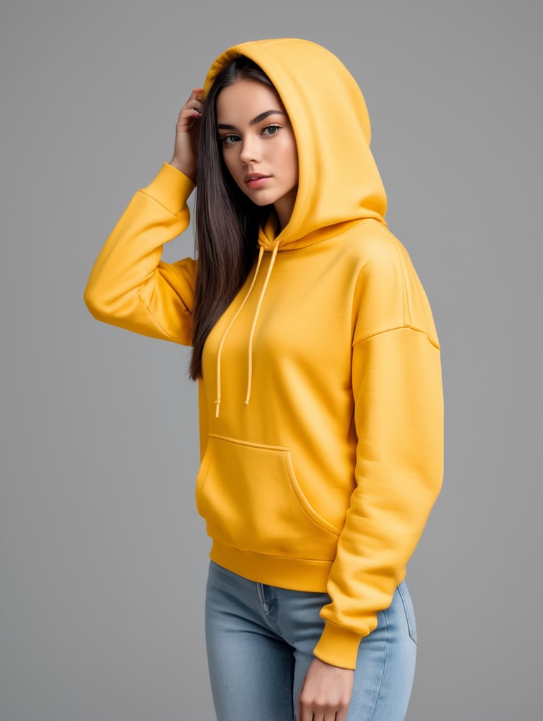 Portrait of a beautiful young woman wearing blank yellow hoodie, minimalism, mockup, mock up