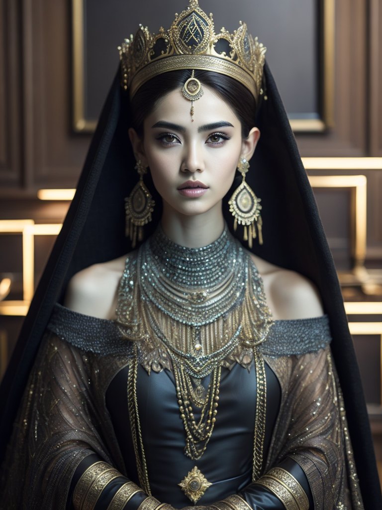 hyper-realistic, ultra-detailed photograph of Roséanne Park member of blackpink with arabic fashion black cloak and gold crown in the Renaissance ottoman throne kingdom, photo realistic, golden jewelry, shiny, sunlight fractal details, depth of field, HOF, hall of fame, detailed gorgeous face, apocalyptic environment, natural body posture, professional photographer, captured with professional DSLR camera, trending on Artstation, 64k, ultra-detailed, ultra-accurate detailed, bokeh lighting, surrealism