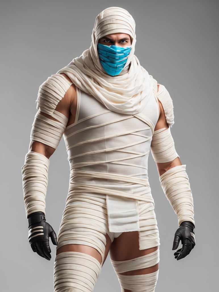 A photograph of mummy costume covered in bandages for a male character with fortnite style, halloween costume, white background, full body