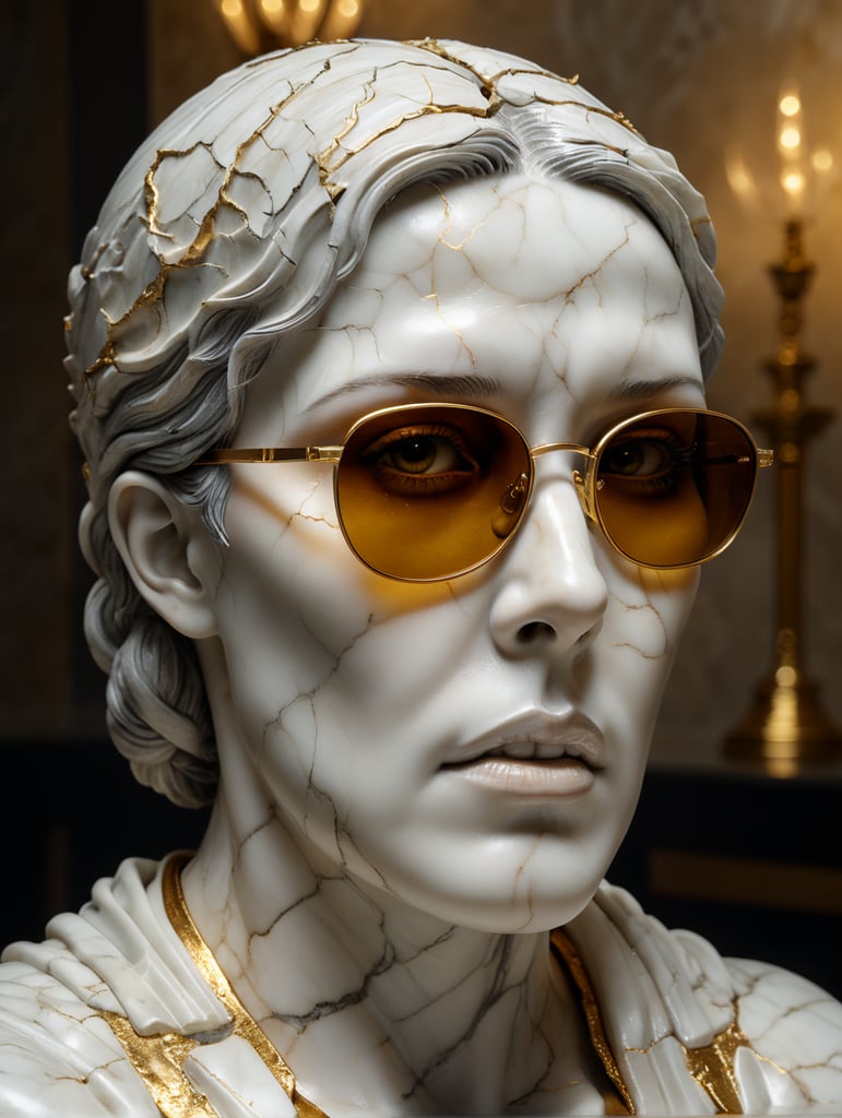 cracked marble sculpture of womans head with glasses, use face from uploaded photo, sculpture on the table, cracked white marble with gold and dark gold, studio lighting, professional photo, soft background, art classical reference