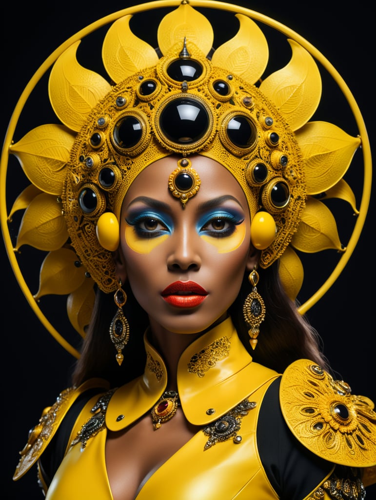 Donyale luna, avant-garde, simplygo, photoshoot spread, dressed in all yellow, black background, harpers bizarre, cover, headshot, hyper realistic