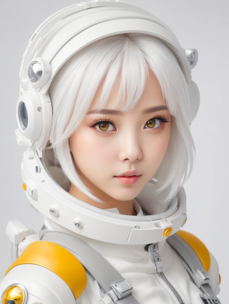 Asian girl, Anime girl, beauty queen, white hair, astronaut suit, tanned, cute, model, big yellow eyes