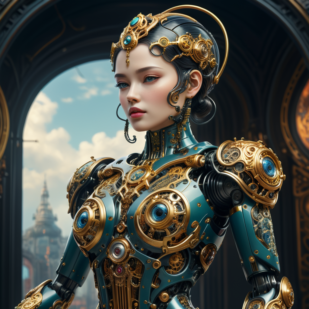 A female robot with an art Nouveau cyberpunk aesthetic, body is made from a delicate mechanical ornamental exterior reminiscent of a delicate gleaming porcelain and gold trimmed filigree should reveal a hollow see through body, hyper-surrealistic detailed 3d rendering digital art style, background galaxy sky