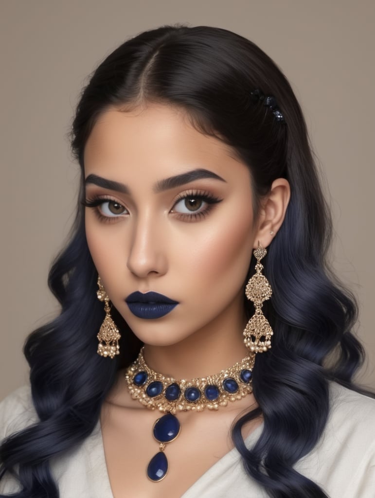 Busty Syrian teen in darkest blue lipstick, earings
