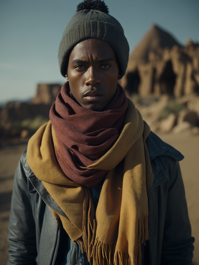 an african model wearing a brown beanie and a colorful scarf with "junk" written on it