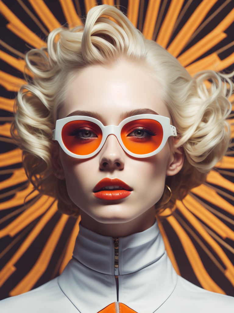 Pale-skinned girl model, wearing a high-necked dress, contrast lighting, white sunglasses with red-orange lenses, red lips, blonde hair in a bob style, dark background with orange-red rays, fashion model, magazine cover, professional shot,