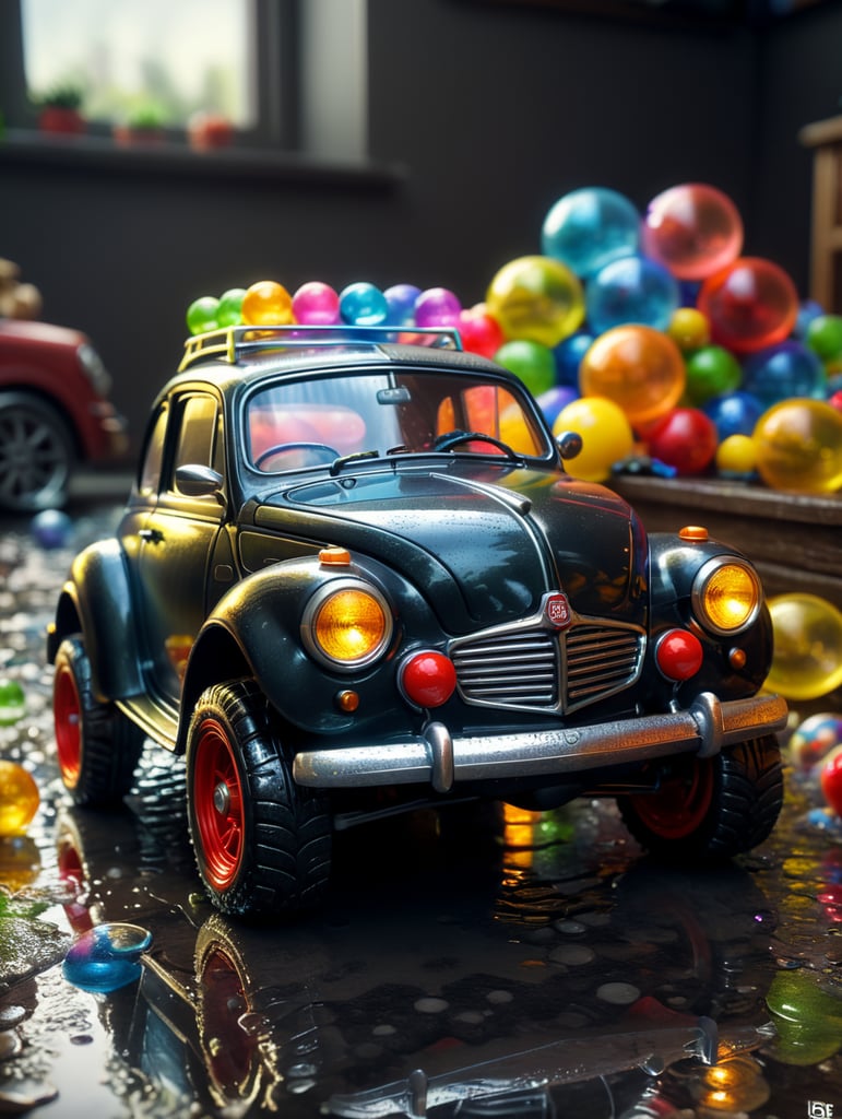 bubble bath to a small cute toy car. Toy car size take up 20 of the image.