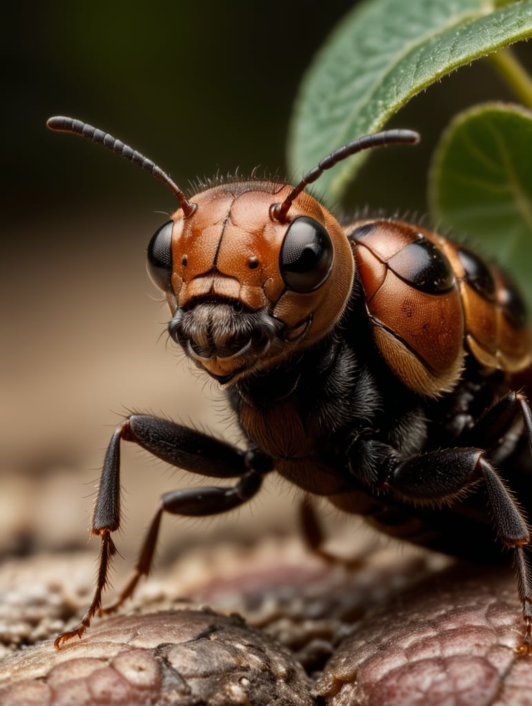 An ant with a shaved body and has a mustache.